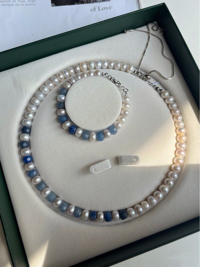 #PN193 London Evening |Freshwater Pearl Necklace & Bracelet Set |Aquamarine|Agate|Gradient Shades |Big Lustrous Pearl|Adjustable Length