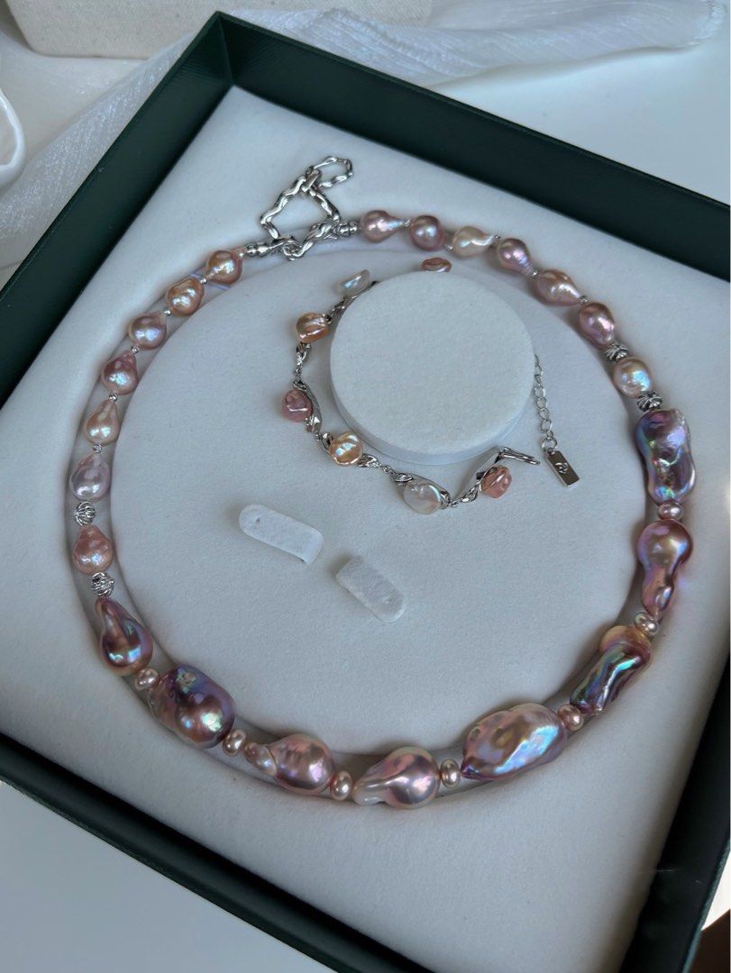 #PN64 Madam Wonder | Freshwater Pearl Necklace & Bracelet Set|Lustrous Purple Baroque Pearl |Pearl Petal |Natural Flaws