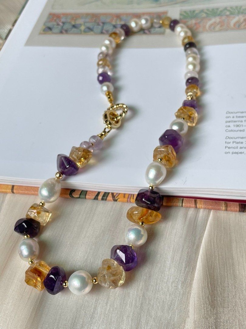 #PN17 Timeless Elegance |Freshwater Pearl Necklace |Amethyst, Citrine Freeform |Baroque Pearl |Fluorite Abacus