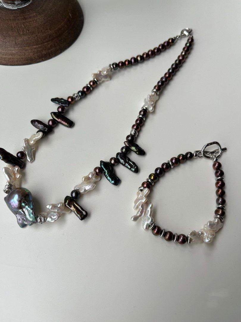 #PN238[Halloween Party] Industrial Hardcore|Freshwater Pearl Necklace & Bracelet Set |Cross Pearl |Metallic Lustre|Electro-treated Colour