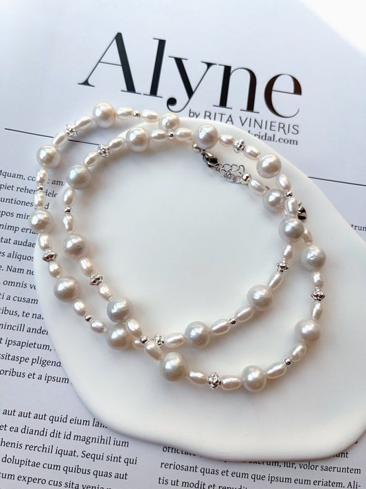 #PN98 [Flash Sale]Grey & Silver|Freshwater Pearl Necklace |Baroque Pearl |Rice Shaped Pearl |Silver-ish Lustre|57cm