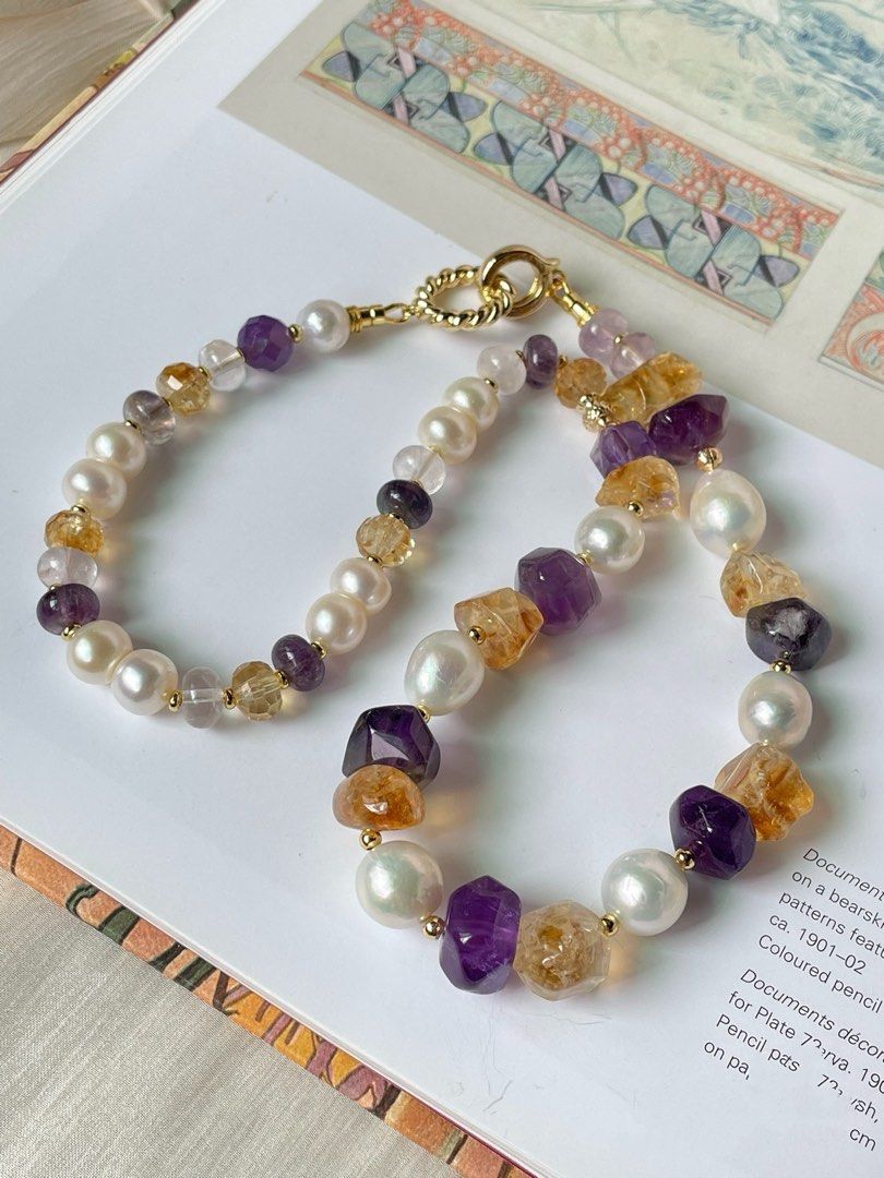 #PN17 Timeless Elegance |Freshwater Pearl Necklace |Amethyst, Citrine Freeform |Baroque Pearl |Fluorite Abacus