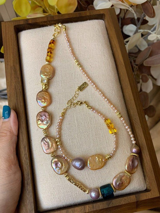 #PN194 [Sale] Freshwater Pearl Necklace & Bracelet Set| Amber|Irregular Baroque Pearl |Baby Pearls |Purple Square Pearls