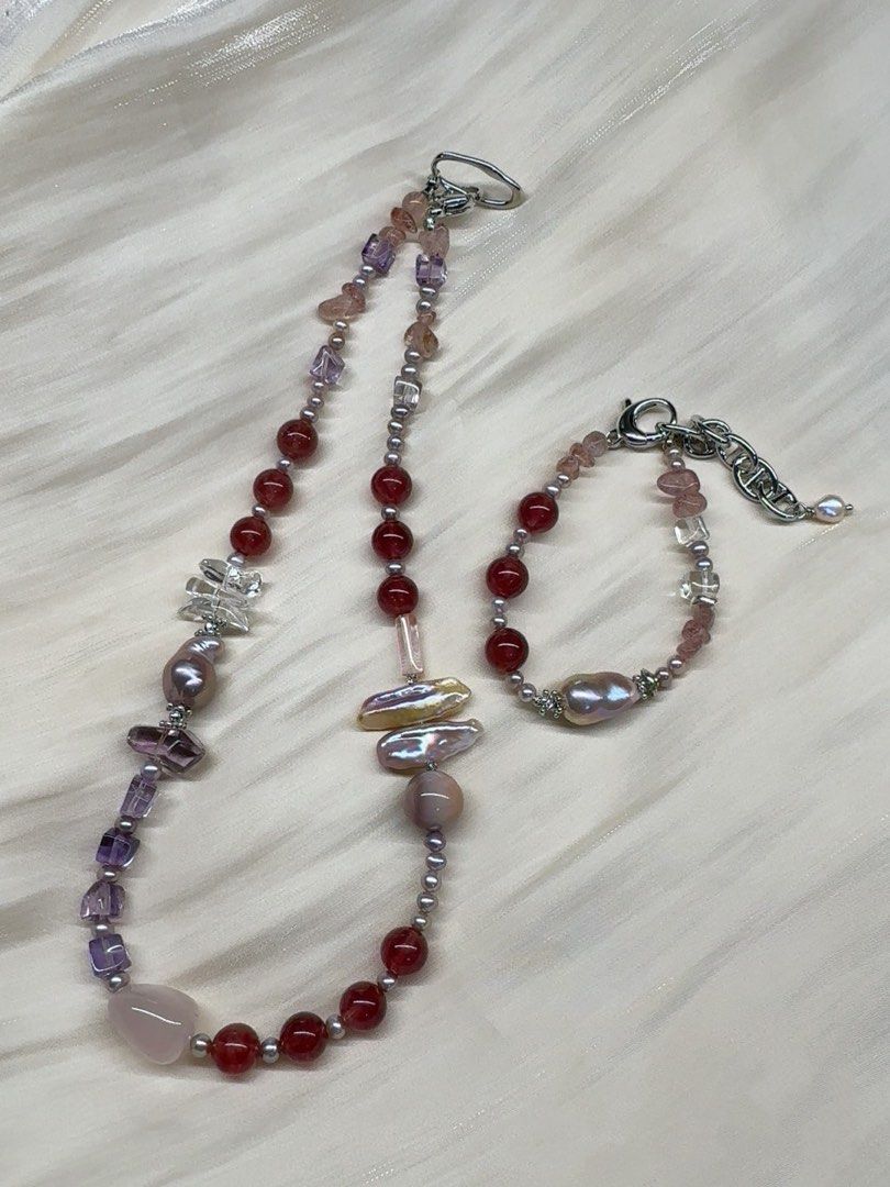 #PN253 Red&Purple|Freshwater Pearl Necklace & Bracelet Set |Rose-red Strawberry Quartz |Freeform Amethyst |Rose Quartz |Lustrous Purple Baroque Pearl