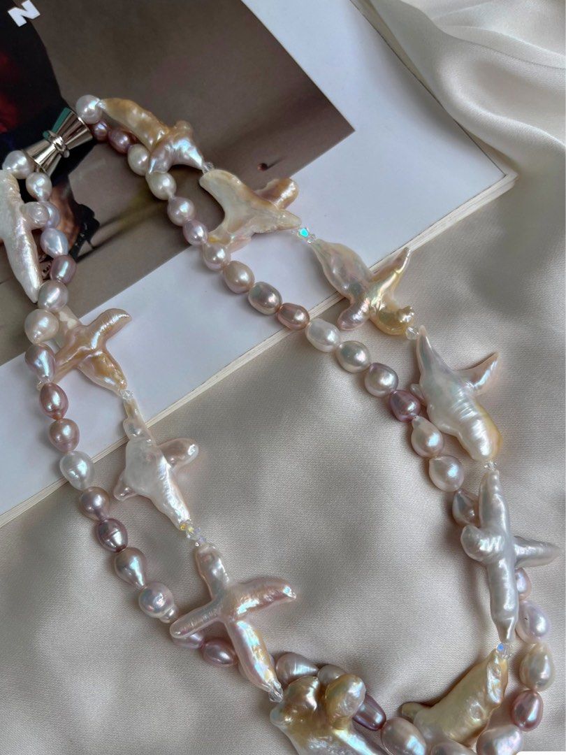 #PN77 [Clearance Sale] Freshwater Pearl Necklace |Double-layered|Over-sized Cross Pearl|Baroque Pearl |Magnet Clasp |Silver