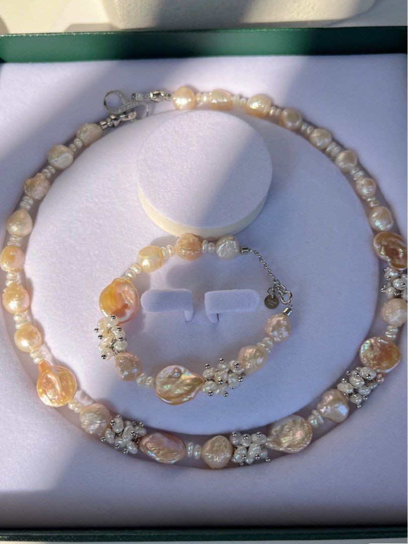 #PN130 [Floral Series] Thorny Champagne Rose|Freshwater Pearl Necklace & Bracelet Set |Thorny Baroque Pearl |Baby Pearl