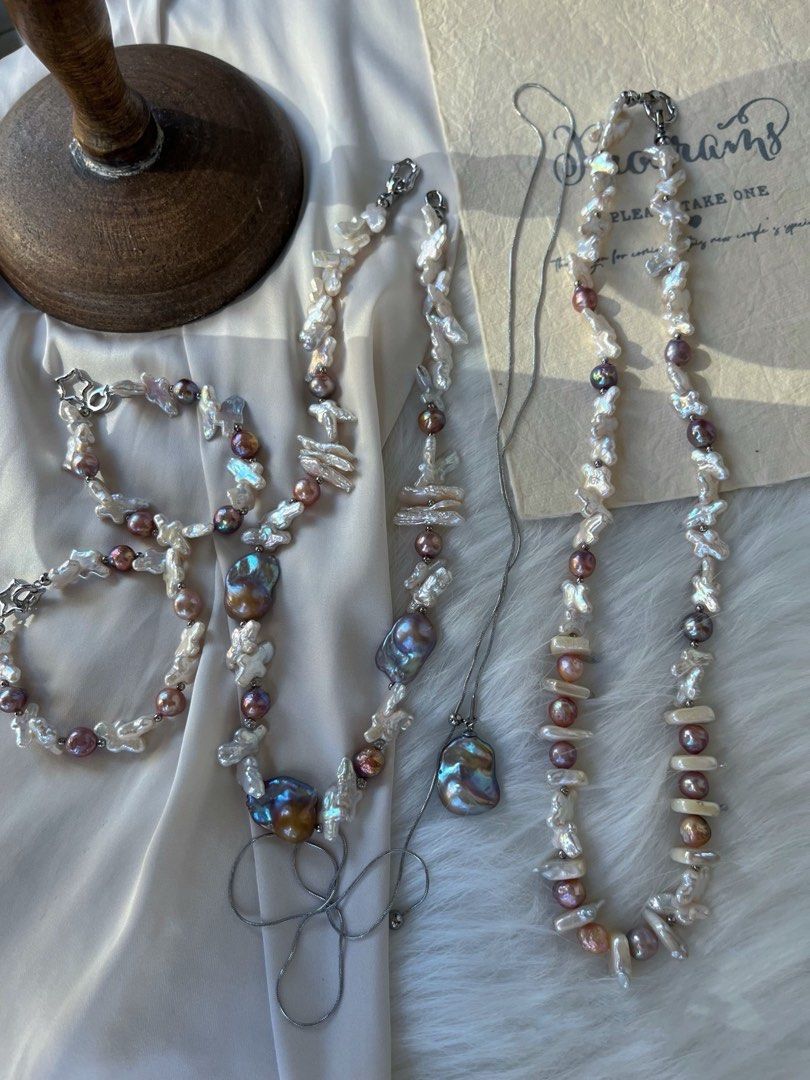 #PN26 Oil Painting |Freshwater Pearl Necklace & Bracelet Set |Lustrous Cross Pearl|Golden-purple Big Baroque Pearl |Metallic Dark Purple Pearl