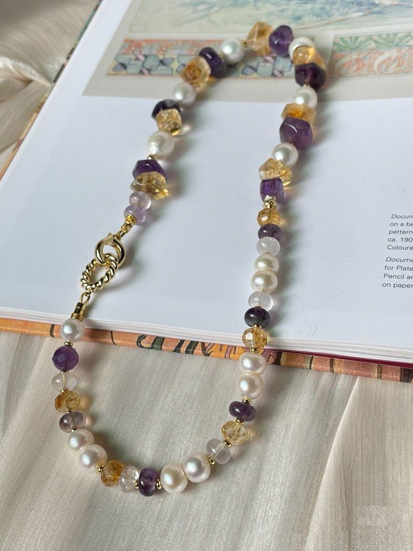 #PN17 Timeless Elegance |Freshwater Pearl Necklace |Amethyst, Citrine Freeform |Baroque Pearl |Fluorite Abacus