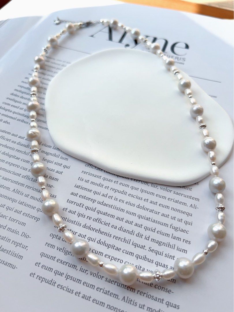 #PN98 [Flash Sale]Grey & Silver|Freshwater Pearl Necklace |Baroque Pearl |Rice Shaped Pearl |Silver-ish Lustre|57cm