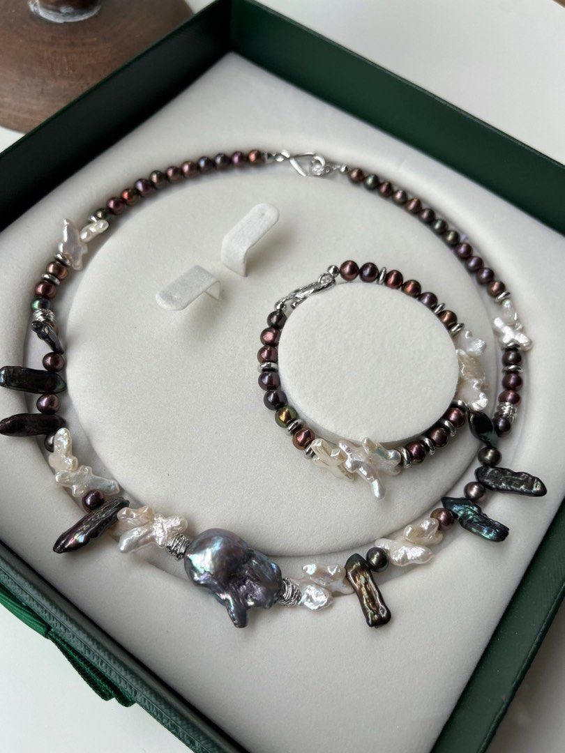 #PN238[Halloween Party] Industrial Hardcore|Freshwater Pearl Necklace & Bracelet Set |Cross Pearl |Metallic Lustre|Electro-treated Colour
