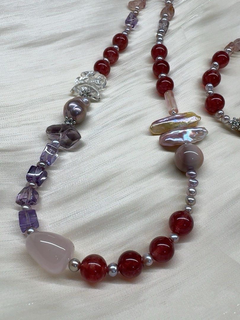 #PN253 Red&Purple|Freshwater Pearl Necklace & Bracelet Set |Rose-red Strawberry Quartz |Freeform Amethyst |Rose Quartz |Lustrous Purple Baroque Pearl