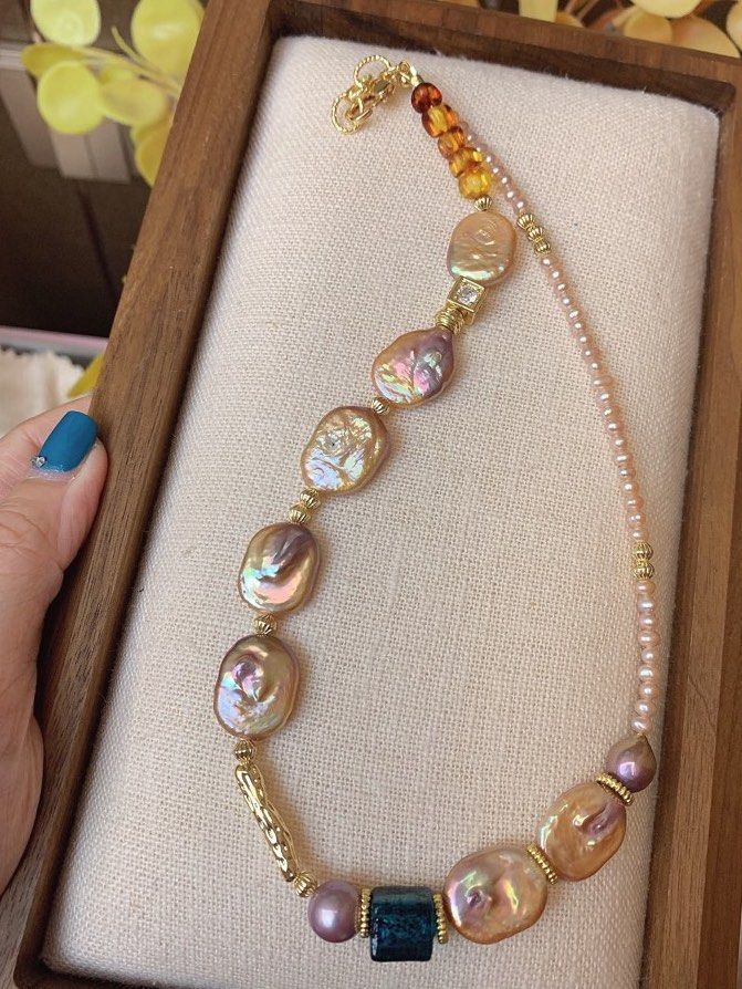 #PN194 [Sale] Freshwater Pearl Necklace & Bracelet Set| Amber|Irregular Baroque Pearl |Baby Pearls |Purple Square Pearls