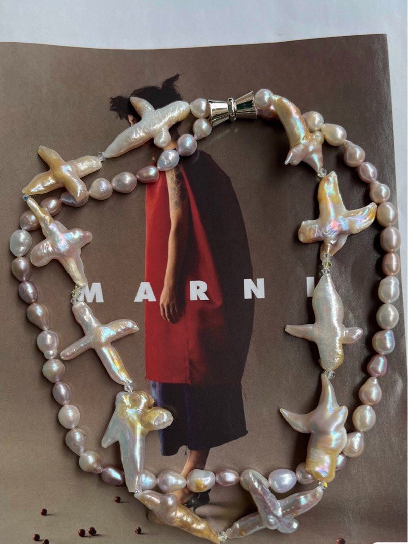 #PN77 [Clearance Sale] Freshwater Pearl Necklace |Double-layered|Over-sized Cross Pearl|Baroque Pearl |Magnet Clasp |Silver