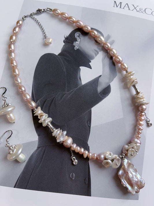 #PN131 [Floral Series] Genuine Design|Natural Freshwater Pearl Necklace & Earrings Set|Purple Rice Pearl |Baroque Pearl|”Mushroom” Earrings |Dripping Chains