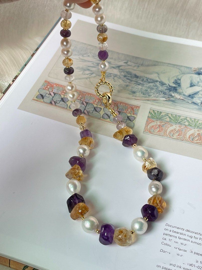 #PN17 Timeless Elegance |Freshwater Pearl Necklace |Amethyst, Citrine Freeform |Baroque Pearl |Fluorite Abacus