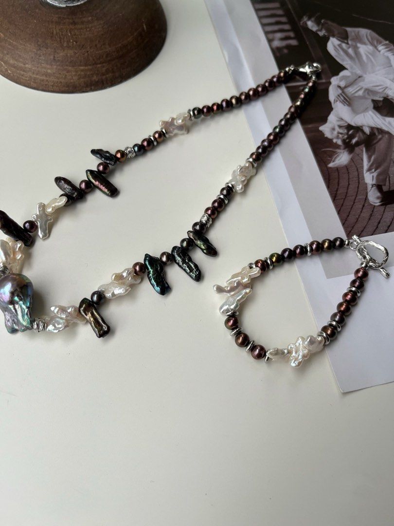 #PN238[Halloween Party] Industrial Hardcore|Freshwater Pearl Necklace & Bracelet Set |Cross Pearl |Metallic Lustre|Electro-treated Colour