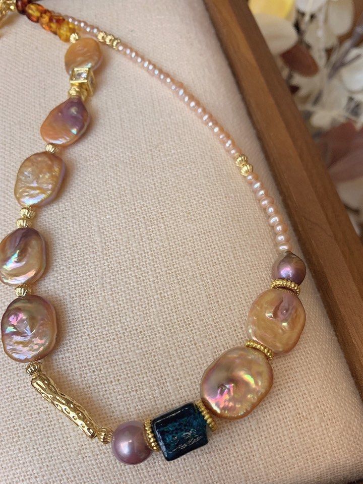 #PN194 [Sale] Freshwater Pearl Necklace & Bracelet Set| Amber|Irregular Baroque Pearl |Baby Pearls |Purple Square Pearls