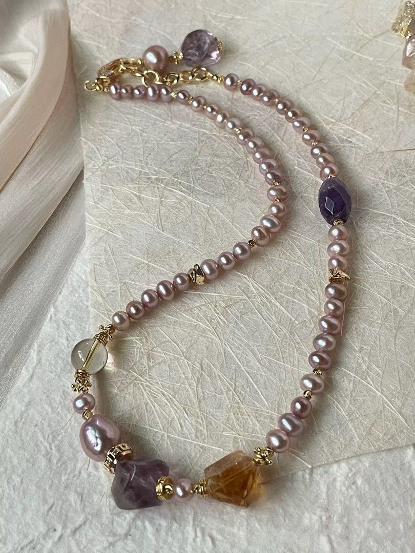#PN65 Purple Breath |Freshwater Pearl Necklace & Bracelet & Earrings Set | Amethyst, Citrine Freeform |Baby Baroque Pearl