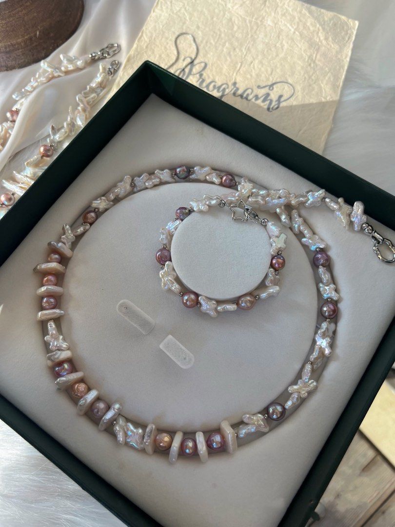 #PN26 Oil Painting |Freshwater Pearl Necklace & Bracelet Set |Lustrous Cross Pearl|Golden-purple Big Baroque Pearl |Metallic Dark Purple Pearl