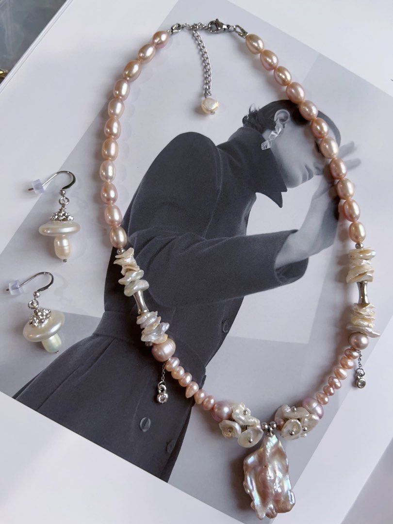 #PN131 [Floral Series] Genuine Design|Natural Freshwater Pearl Necklace & Earrings Set|Purple Rice Pearl |Baroque Pearl|”Mushroom” Earrings |Dripping Chains