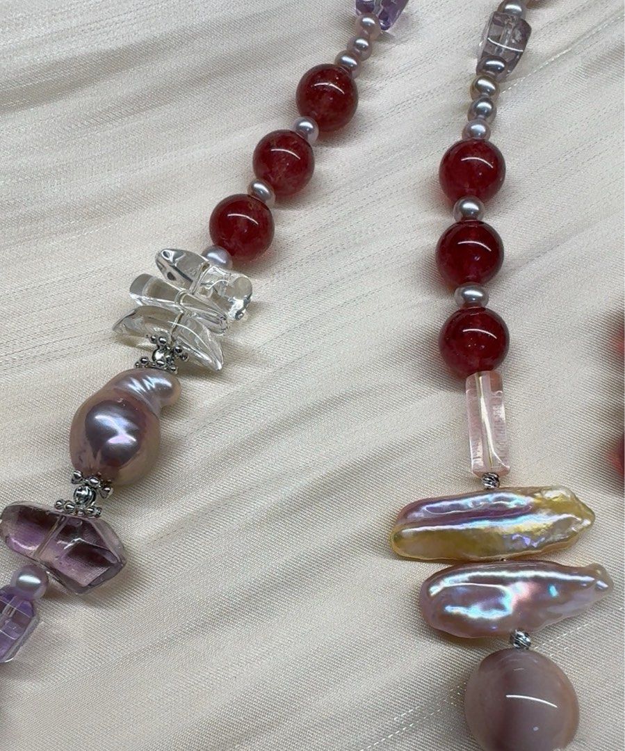 #PN253 Red&Purple|Freshwater Pearl Necklace & Bracelet Set |Rose-red Strawberry Quartz |Freeform Amethyst |Rose Quartz |Lustrous Purple Baroque Pearl