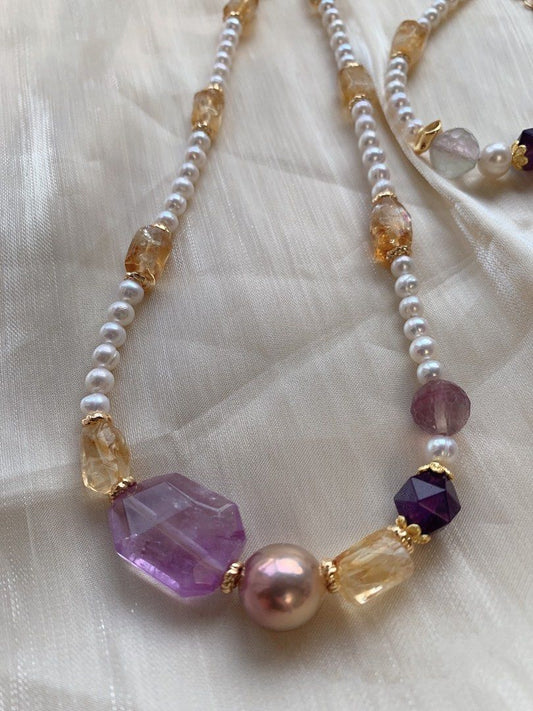#PN209 Freshwater Pearl Bracelet & Necklace Set|Purple &Yellow Quartz |Big Edison Pearl