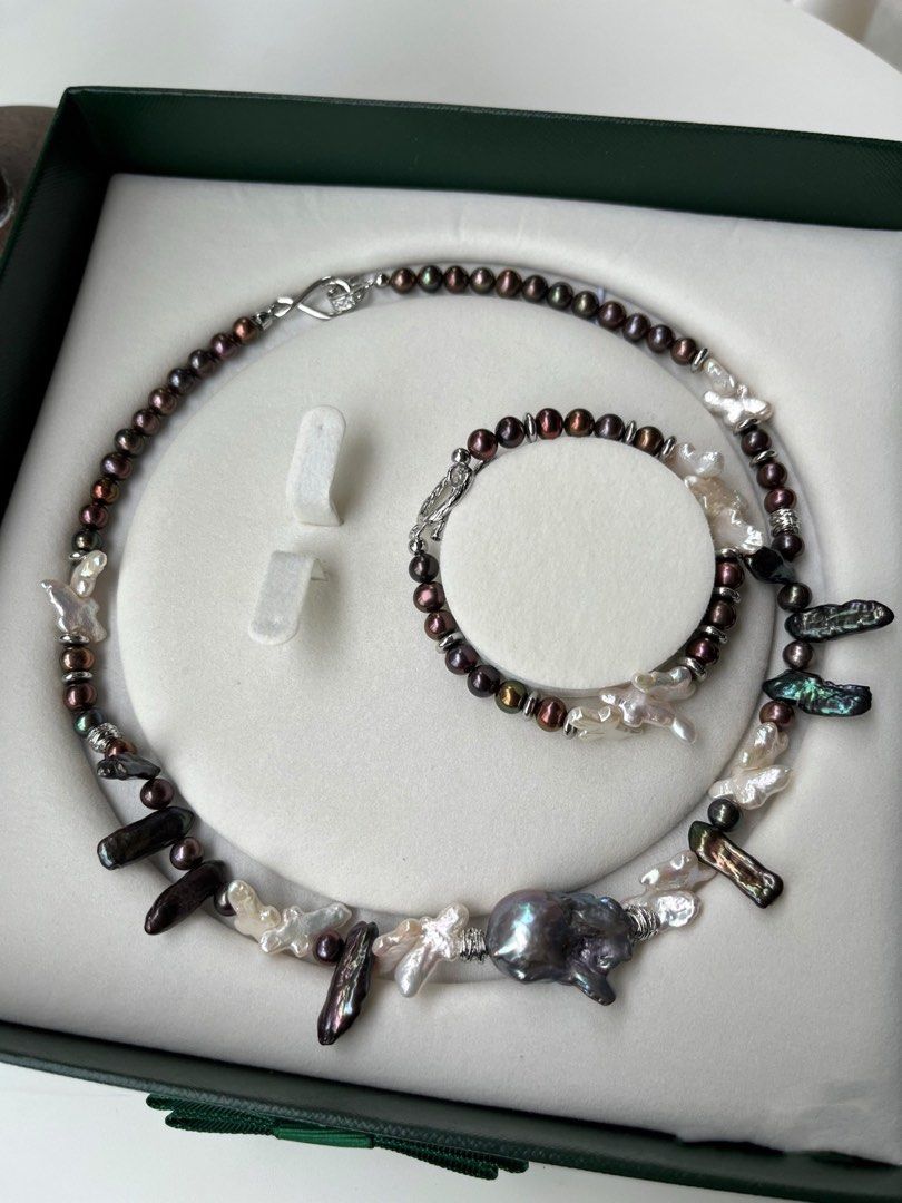 #PN238[Halloween Party] Industrial Hardcore|Freshwater Pearl Necklace & Bracelet Set |Cross Pearl |Metallic Lustre|Electro-treated Colour