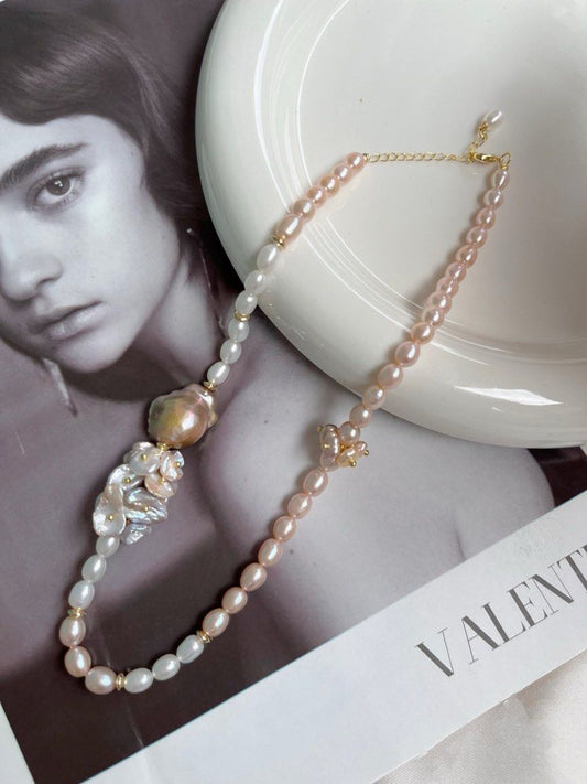 #PN162 [Floral Series] Freshwater Pearl Necklace |Petal Pearl |Big Baroque Pearl|Lustrous|Mixed Colour