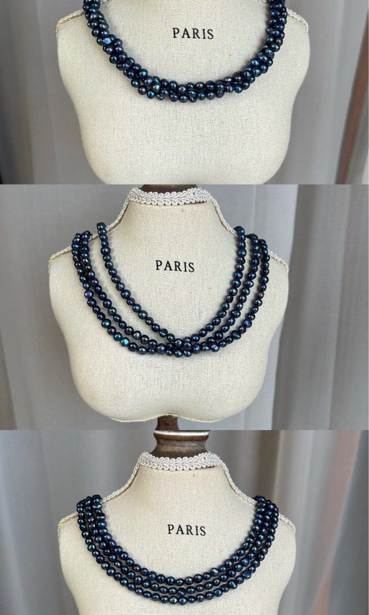 #PN79 [Halloween 🎃 Style] Dark Duchess| Mysterious Blue|Freshwater Pearl Necklace |Three Layers |Electro-treated Colour |Metallic