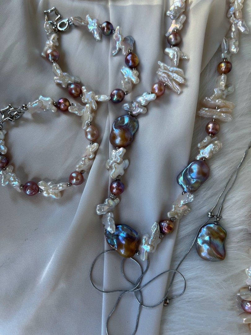 #PN26 Oil Painting |Freshwater Pearl Necklace & Bracelet Set |Lustrous Cross Pearl|Golden-purple Big Baroque Pearl |Metallic Dark Purple Pearl