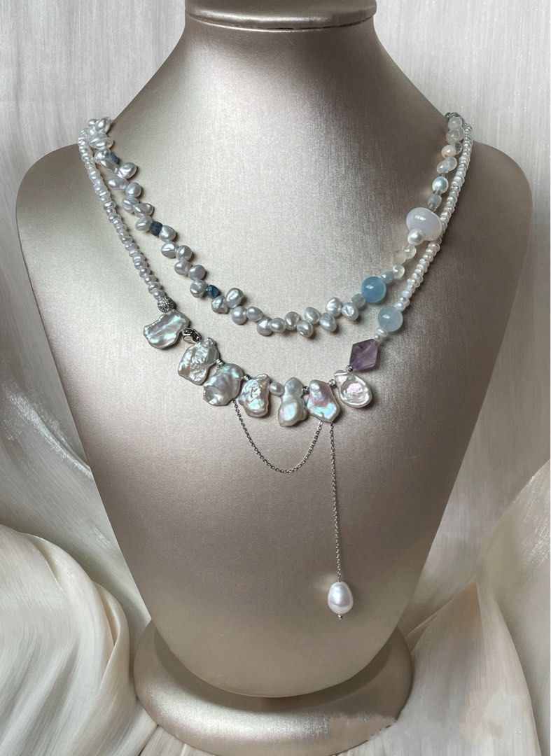 #PN18 Star Trek| Freshwater Pearl Necklace | Double-layer|Petal Baroque | Aquamarine | Agate Ring| Amethyst Faceted | Kyanite Cube|Baby Pearl