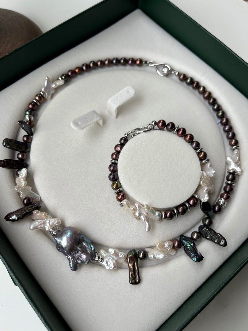 #PN238[Halloween Party] Industrial Hardcore|Freshwater Pearl Necklace & Bracelet Set |Cross Pearl |Metallic Lustre|Electro-treated Colour