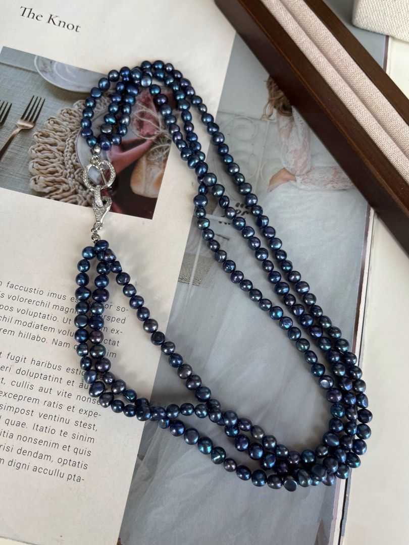 #PN79 [Halloween 🎃 Style] Dark Duchess| Mysterious Blue|Freshwater Pearl Necklace |Three Layers |Electro-treated Colour |Metallic