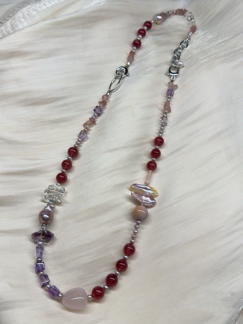 #PN253 Red&Purple|Freshwater Pearl Necklace & Bracelet Set |Rose-red Strawberry Quartz |Freeform Amethyst |Rose Quartz |Lustrous Purple Baroque Pearl