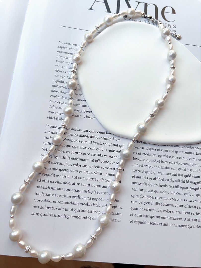 #PN98 [Flash Sale]Grey & Silver|Freshwater Pearl Necklace |Baroque Pearl |Rice Shaped Pearl |Silver-ish Lustre|57cm