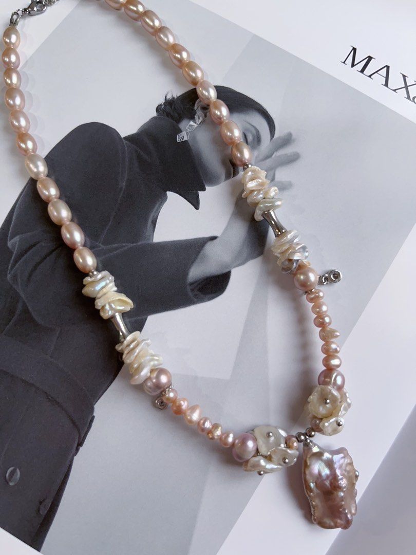 #PN131 [Floral Series] Genuine Design|Natural Freshwater Pearl Necklace & Earrings Set|Purple Rice Pearl |Baroque Pearl|”Mushroom” Earrings |Dripping Chains