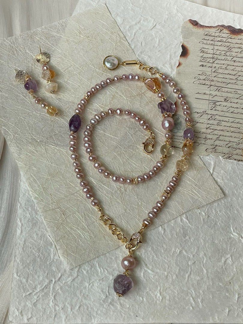 #PN65 Purple Breath |Freshwater Pearl Necklace & Bracelet & Earrings Set | Amethyst, Citrine Freeform |Baby Baroque Pearl