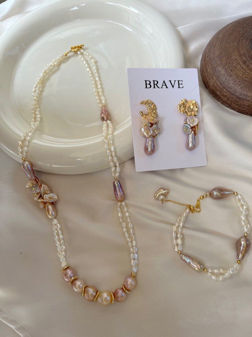 #PN146 [Floral Series] Freshwater Pearl Necklace & Bracelet & Earrings Set|Double-layered| Purple Baroque Pearl