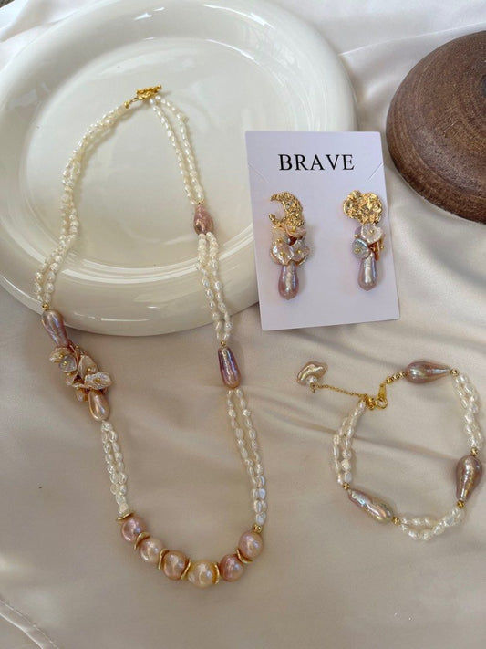 #PN146 [Floral Series] Freshwater Pearl Necklace & Bracelet & Earrings Set|Double-layered| Purple Baroque Pearl