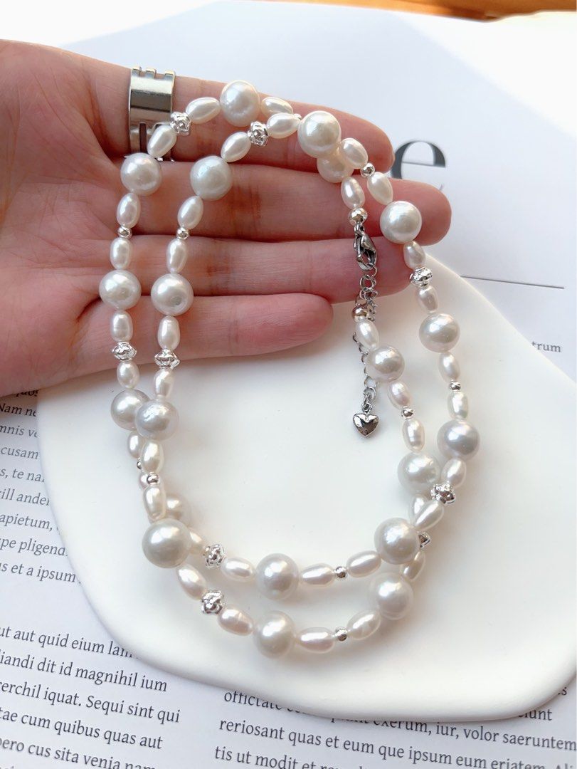#PN98 [Flash Sale]Grey & Silver|Freshwater Pearl Necklace |Baroque Pearl |Rice Shaped Pearl |Silver-ish Lustre|57cm