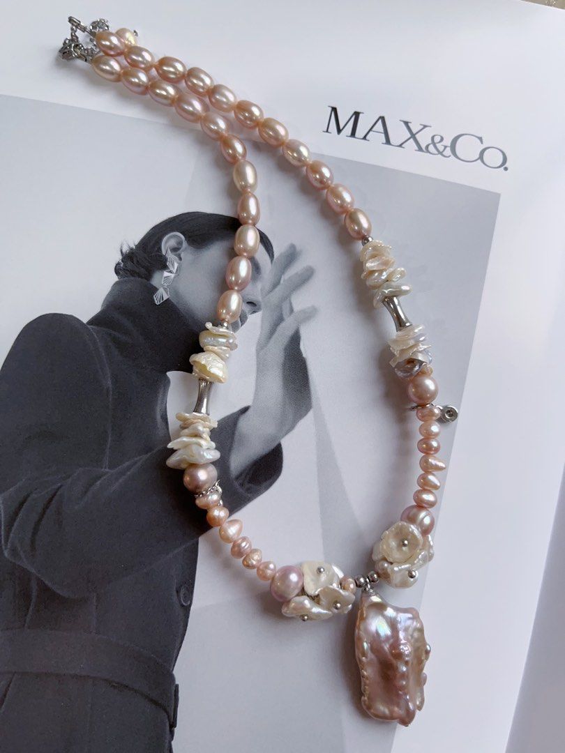 #PN131 [Floral Series] Genuine Design|Natural Freshwater Pearl Necklace & Earrings Set|Purple Rice Pearl |Baroque Pearl|”Mushroom” Earrings |Dripping Chains