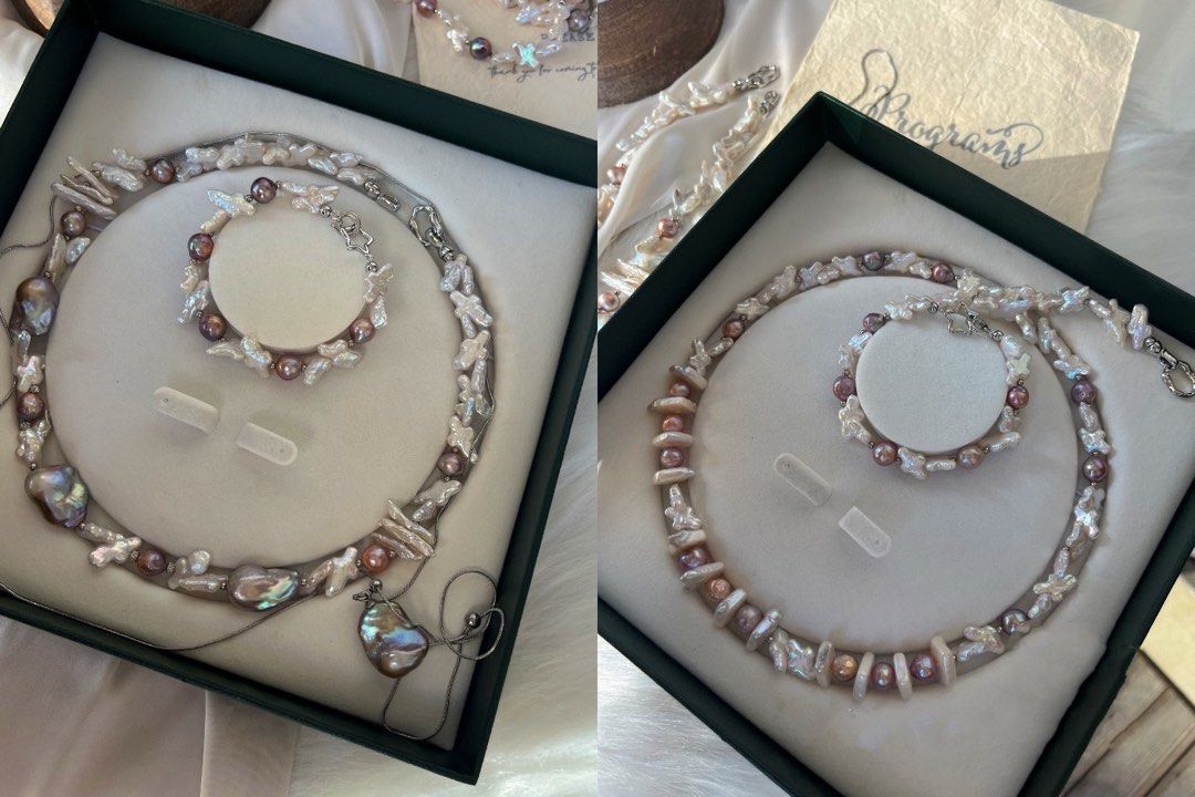 #PN26 Oil Painting |Freshwater Pearl Necklace & Bracelet Set |Lustrous Cross Pearl|Golden-purple Big Baroque Pearl |Metallic Dark Purple Pearl