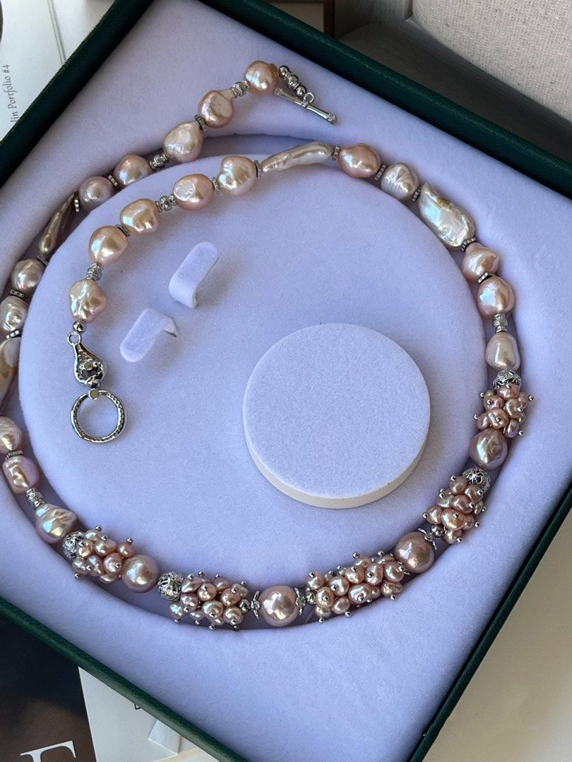 #PN163 [Floral Series] Cold Gold|Freshwater Pearl Necklace |Medium Length|Petal Pearl |Delicate Design|Big Lustrous Baroque Pearl |Champagne Lustre|Light Pink-Gold|Mixed Shapes |Purple Edison Pearl