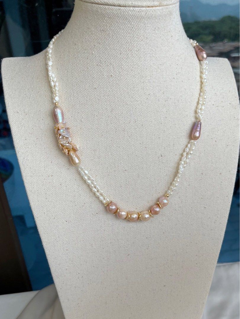#PN146 [Floral Series] Freshwater Pearl Necklace & Bracelet & Earrings Set|Double-layered| Purple Baroque Pearl