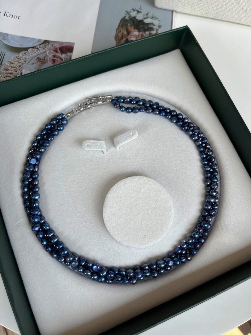 #PN79 [Halloween 🎃 Style] Dark Duchess| Mysterious Blue|Freshwater Pearl Necklace |Three Layers |Electro-treated Colour |Metallic