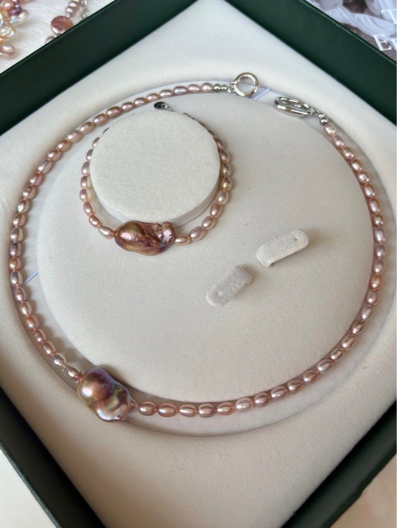 #PN195 Metallic City| Freshwater Pearl Necklace & Bracelet Set | Minimalist |Lustrous Baroque Pearl |Small Rice Pearl|Natural Flaws