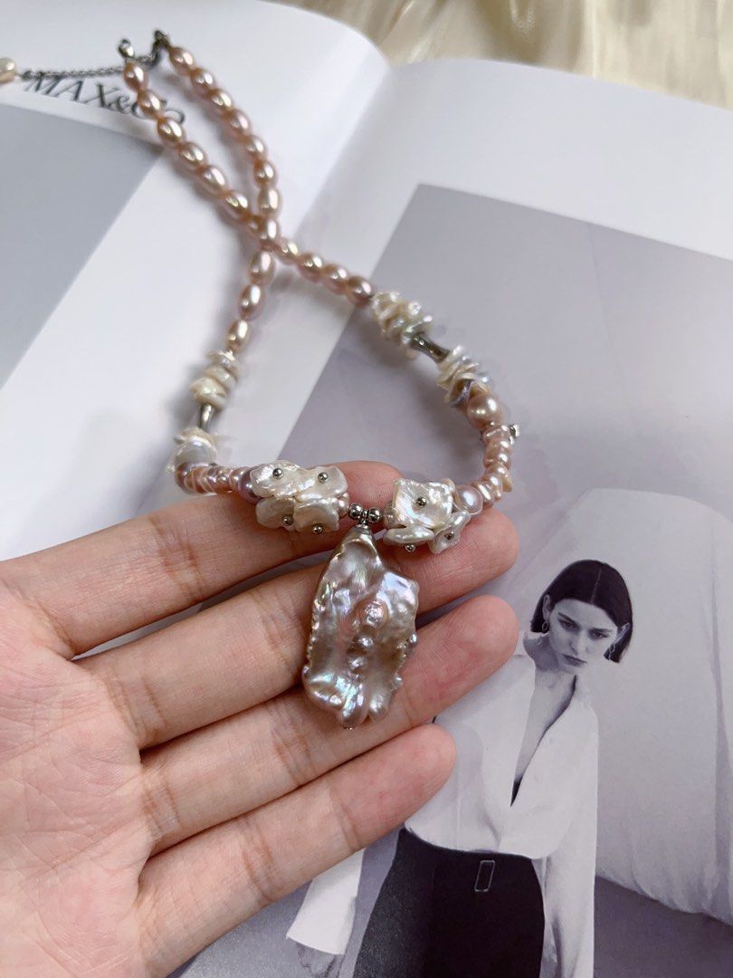 #PN131 [Floral Series] Genuine Design|Natural Freshwater Pearl Necklace & Earrings Set|Purple Rice Pearl |Baroque Pearl|”Mushroom” Earrings |Dripping Chains