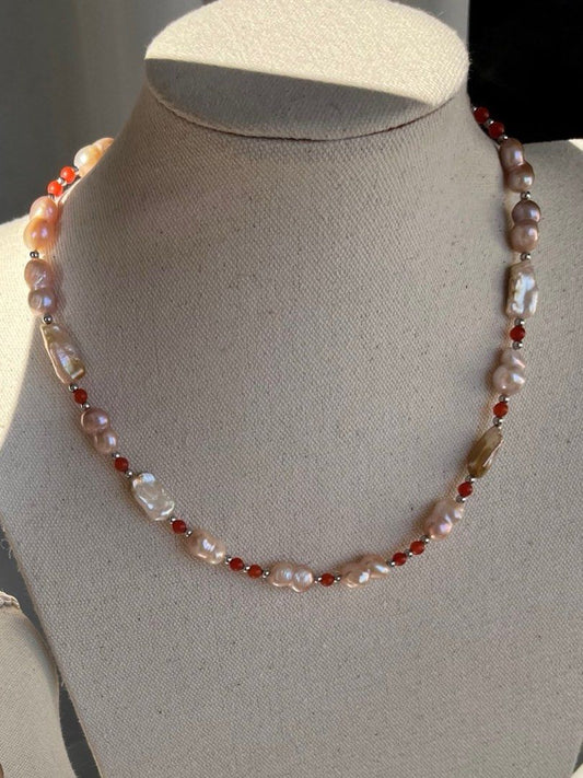 #PN66 Paint Red|Freshwater Pearl Necklace & Bracelet Set |Natural Stones|Gourd Pearl|Irregular