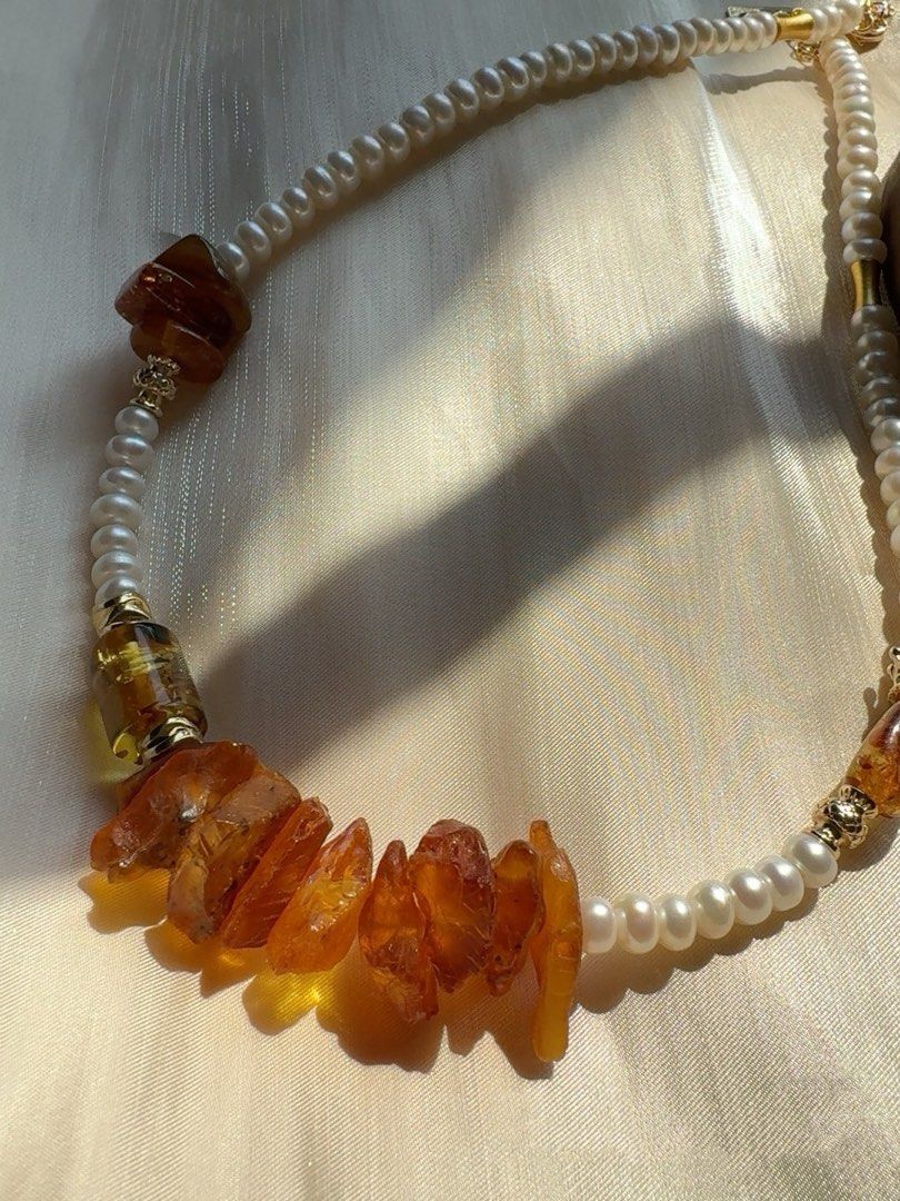#PN225 Orange Juice |Freshwater Pearl Necklace & Bracelet Set |Bun Pearl|Amber|Big Beeswax|White Baroque Pearl
