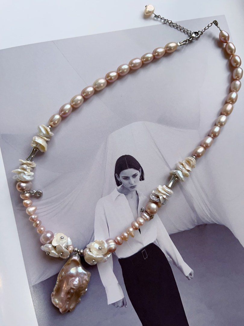 #PN131 [Floral Series] Genuine Design|Natural Freshwater Pearl Necklace & Earrings Set|Purple Rice Pearl |Baroque Pearl|”Mushroom” Earrings |Dripping Chains